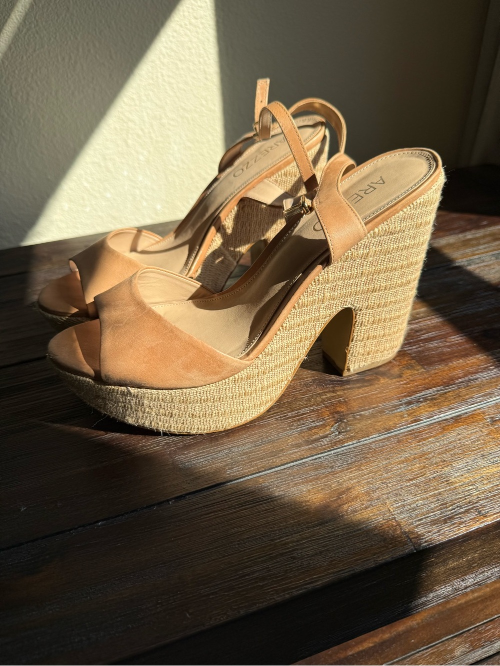 Arezzo Tan Platform Espadrille Slingback Heels